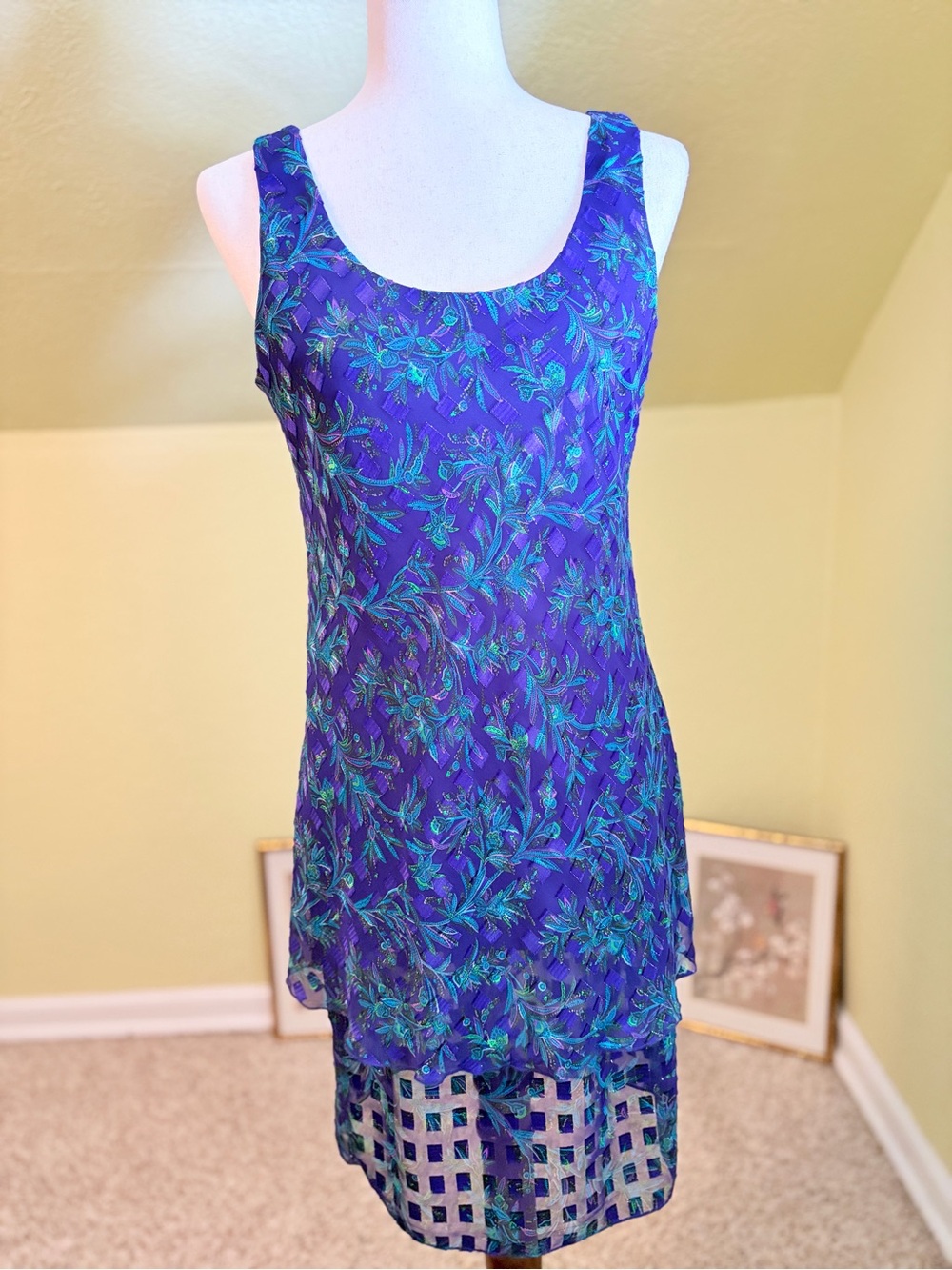 VTG Patra Petites Purple Teal Floral Burnout Flapper Layered Dress Size 8